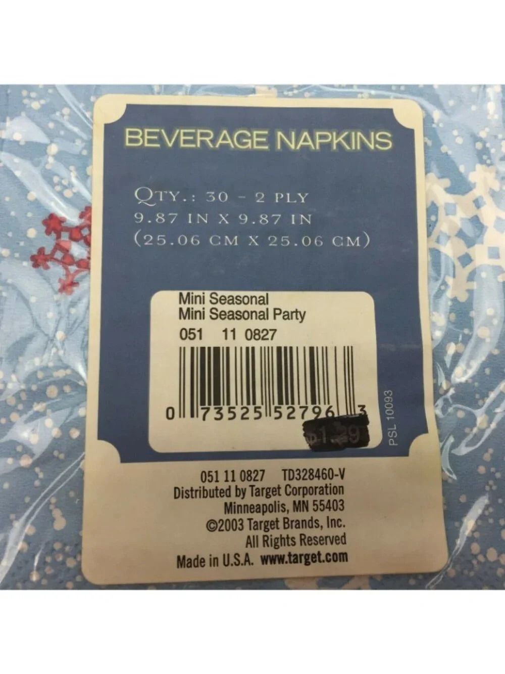 Beverage Napkins Mini Seasonal Party Blue Snowflakes Red White 60 Count